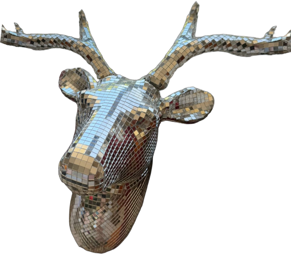 Disco Stag, a stag head wall mount covered in small square mirror tiles